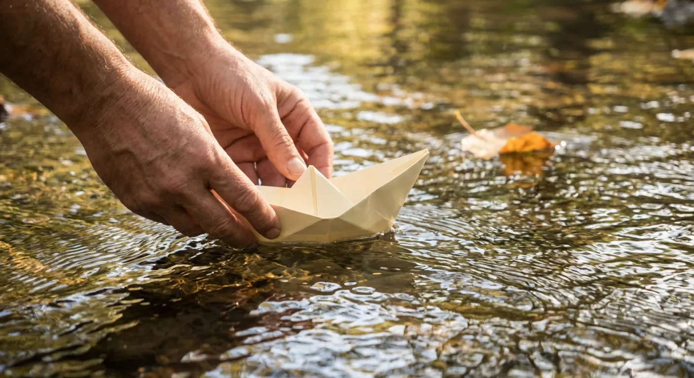 Hands releasing a paper boat into flowing water symbolizing letting go and new beginnings