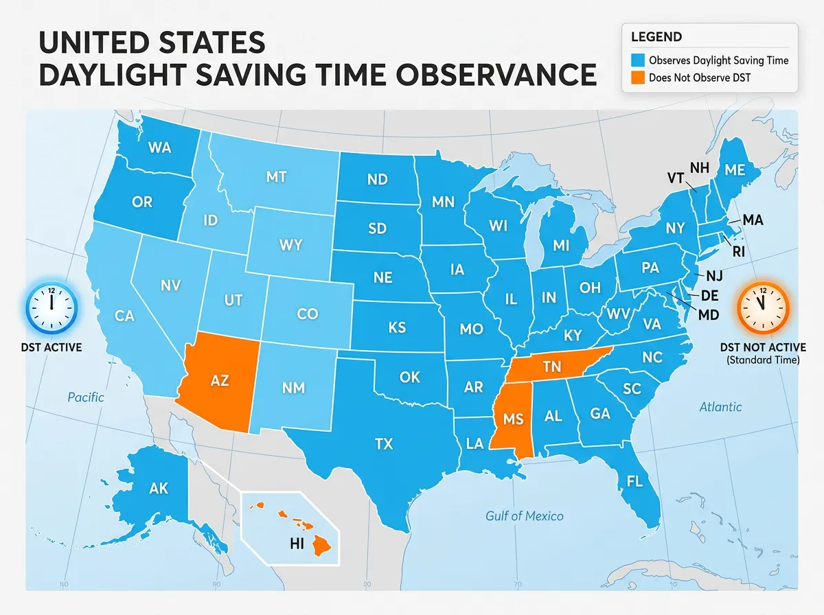 Map of the United States showing states that observe daylight saving time