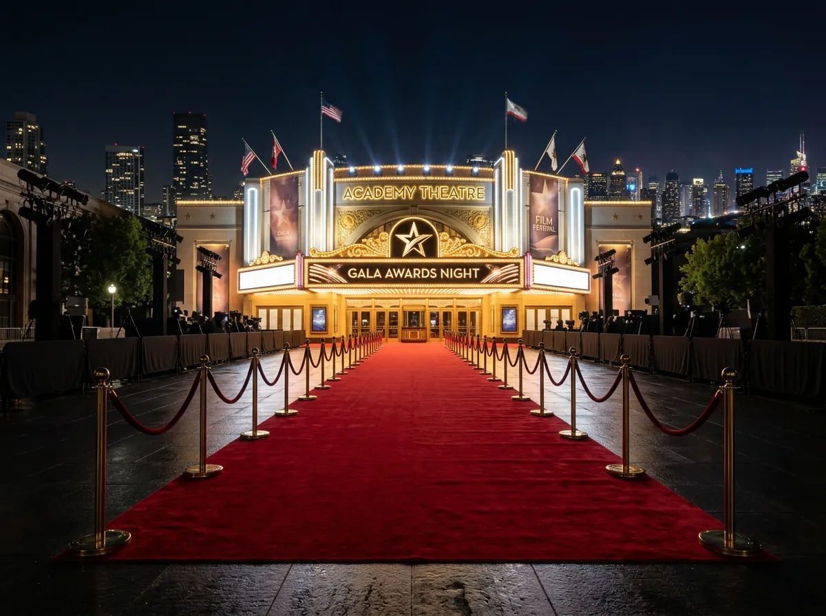 Red carpet and velvet ropes leading to an illuminated awards venue entrance