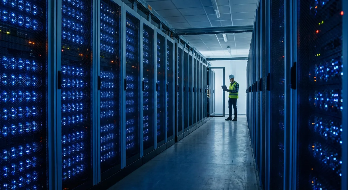 Interior of data center showing rows of storage servers