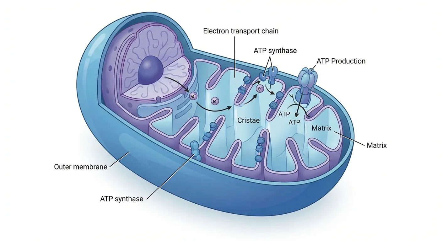 Detailed cross-section diagram of mitochondria showing inner membrane and ATP synthesis