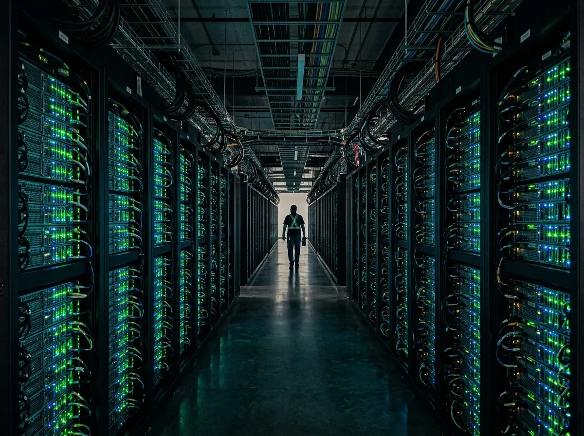 A server room with rows of GPU racks illuminated by status lights in a dark facility