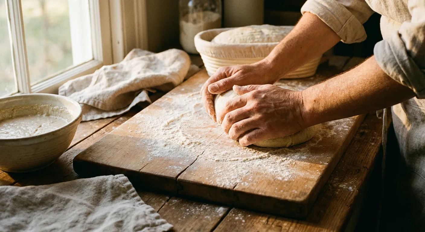 Hands kneading bread dough on wooden surface, slow and intentional activity