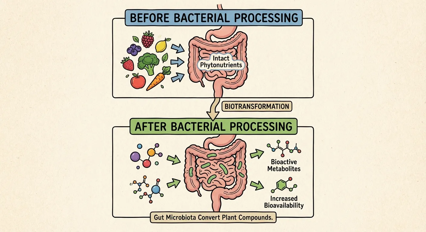 Diagram showing plant compound transformation by gut bacteria before absorption