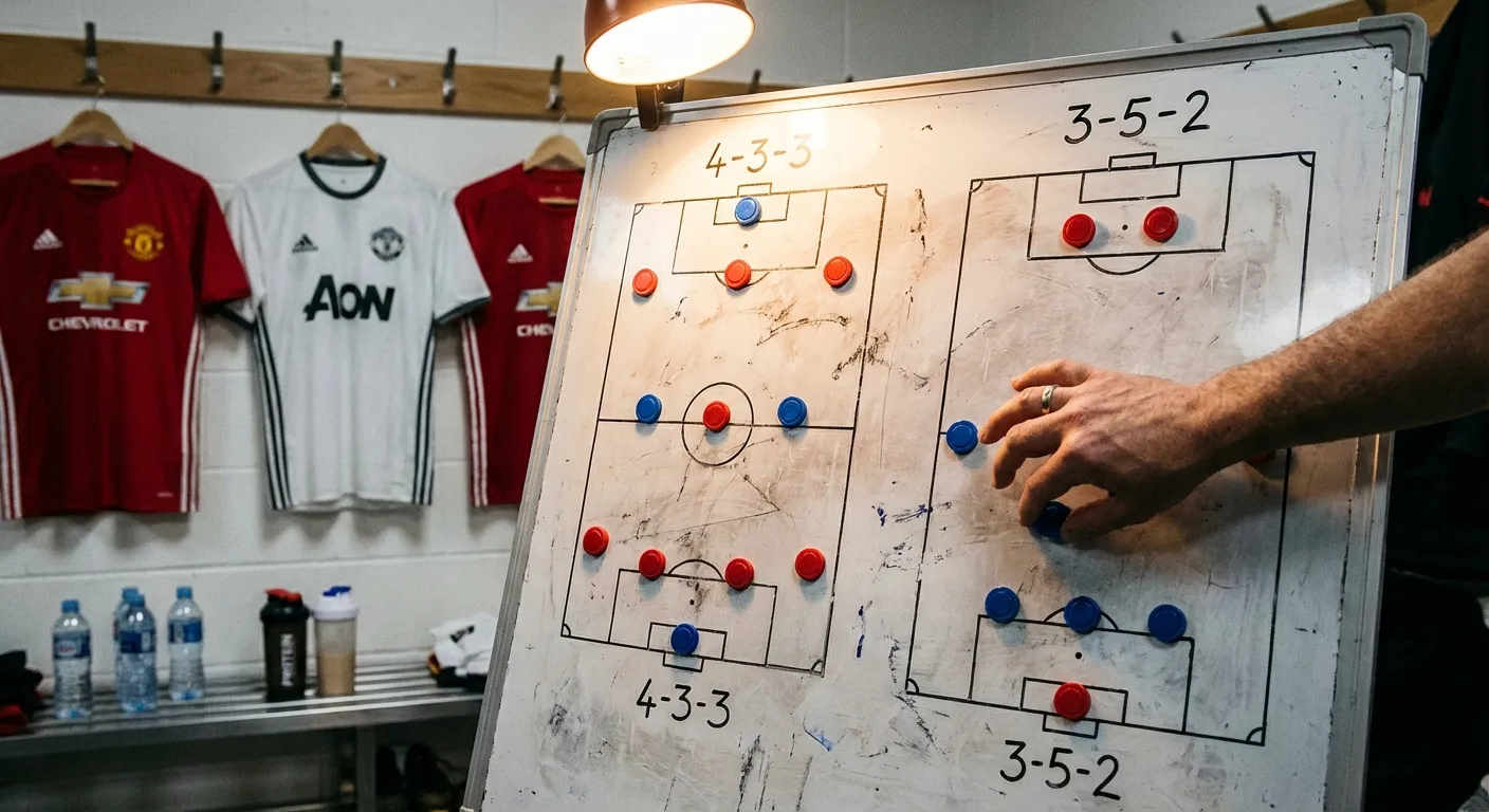 Football tactical board with magnets showing formations in a locker room setting