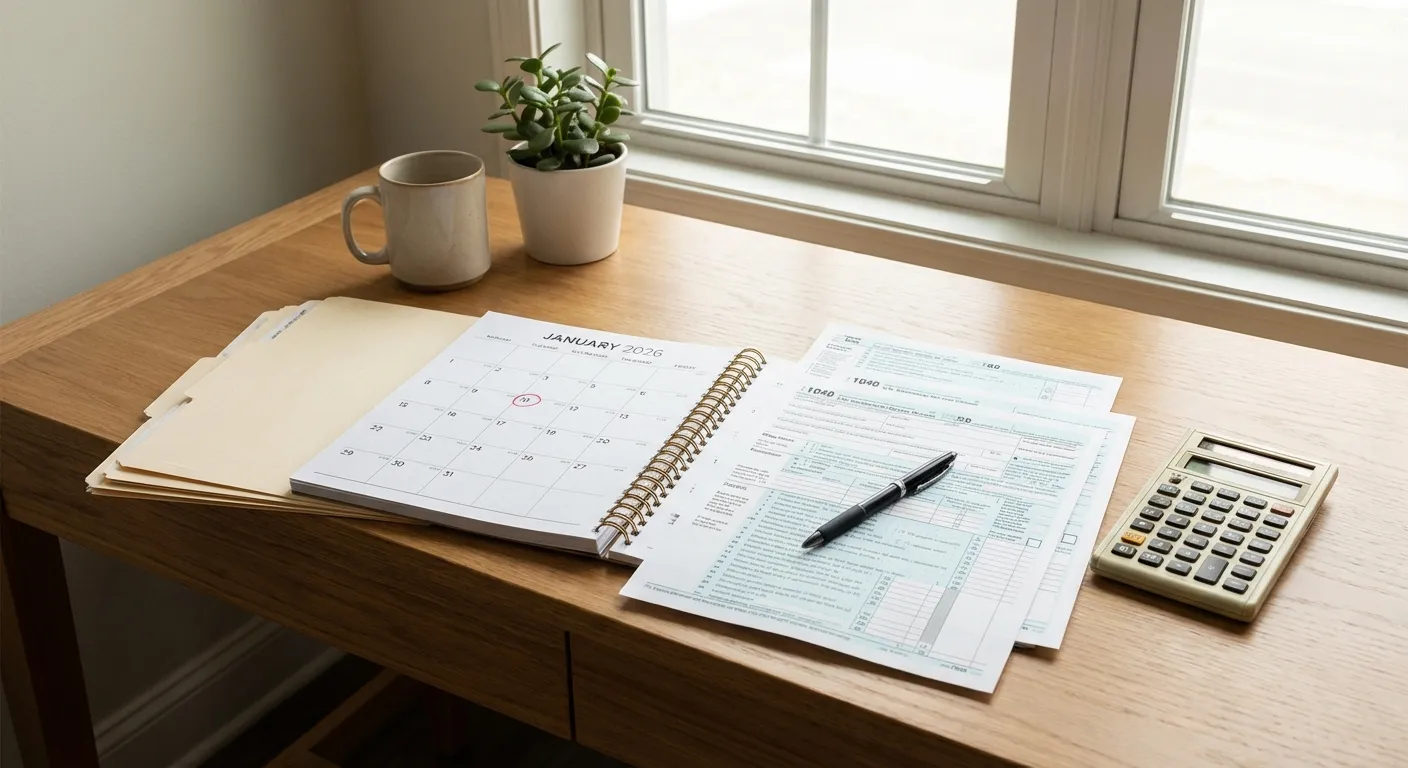 Tax forms and calendar on desk showing January 2026 filing season dates