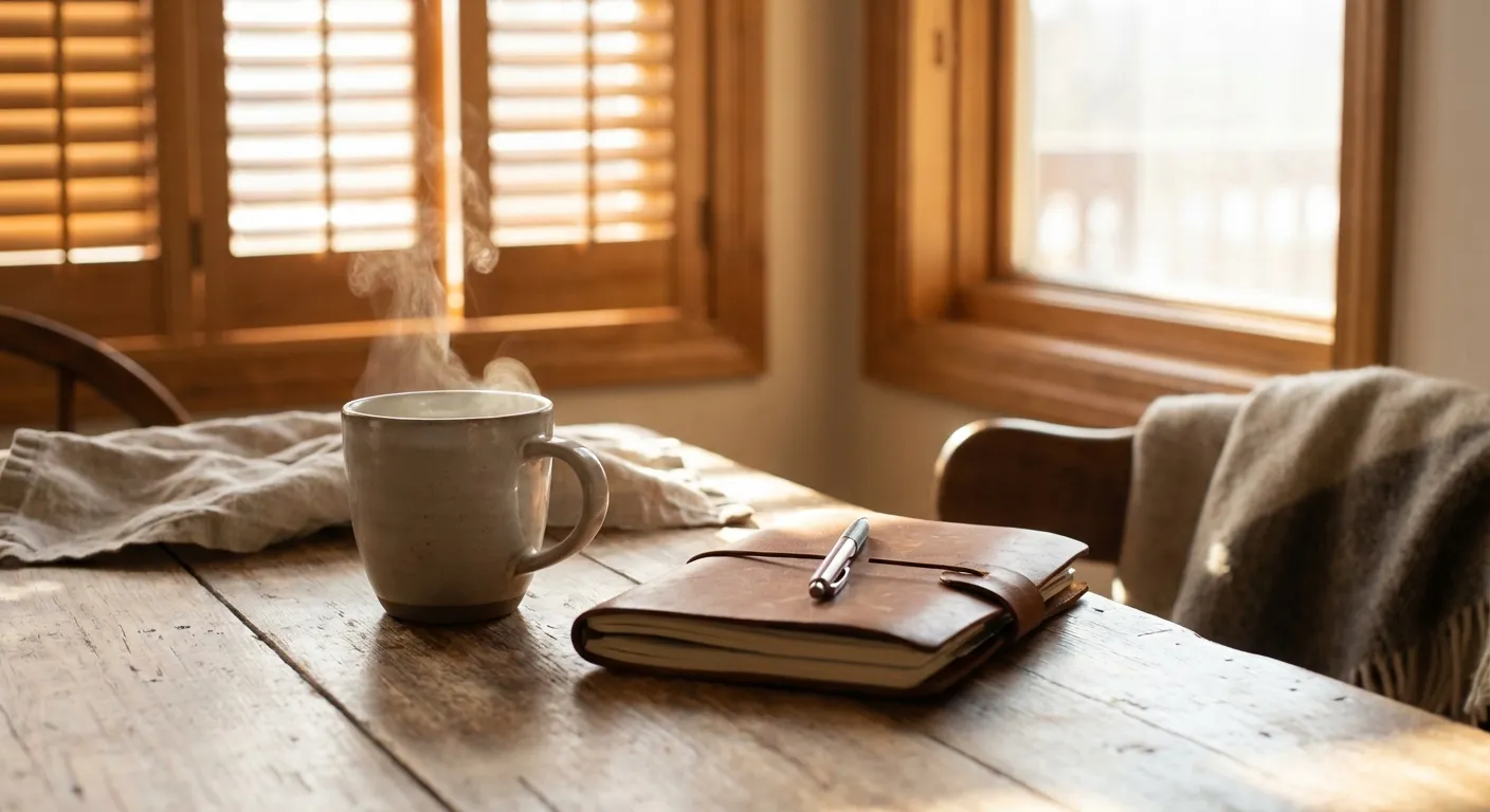 Coffee cup with small journal and pen beside it, morning light streaming through window