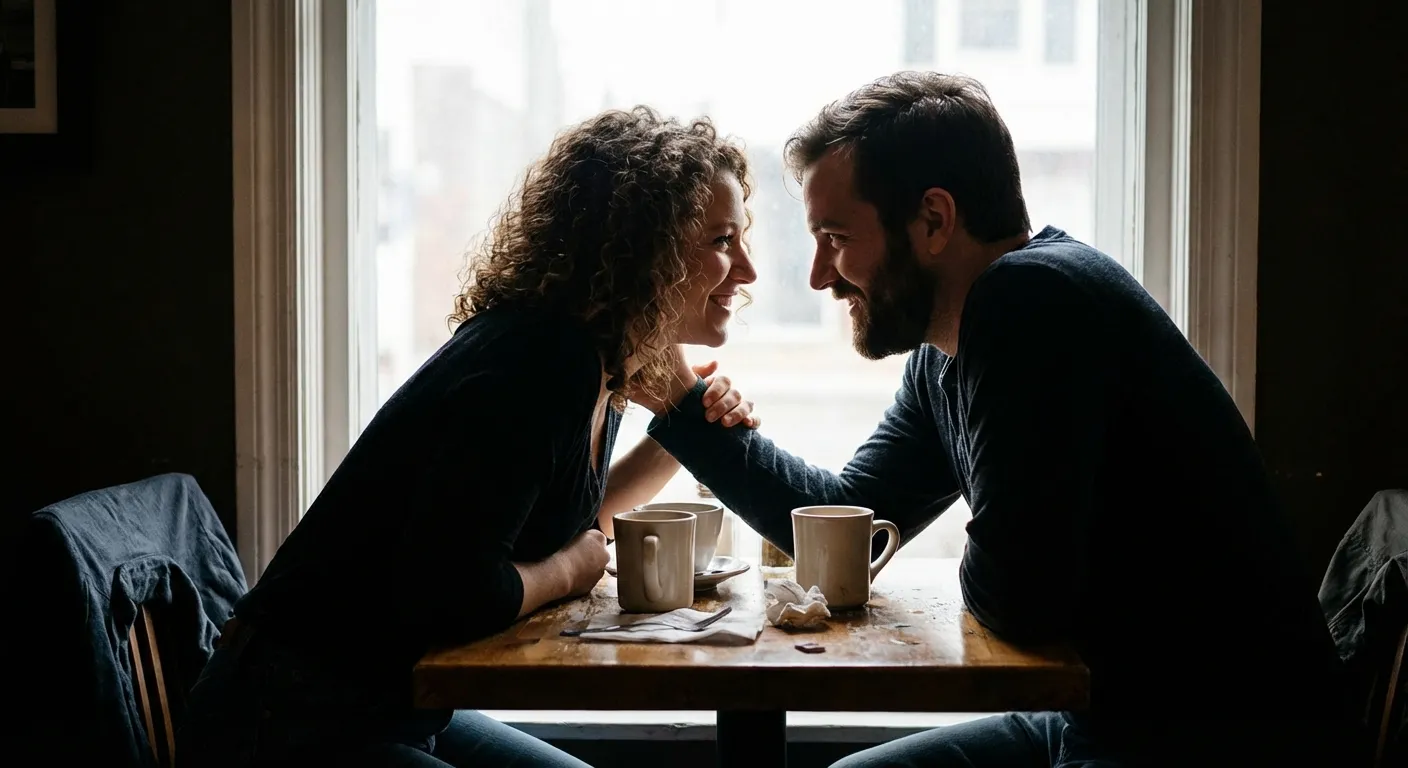 Two people in deep, meaningful conversation over coffee in warm natural light