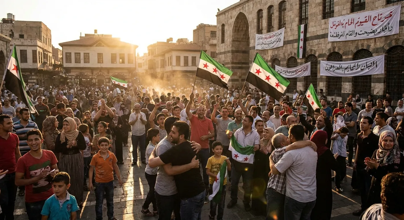 Syrian citizens waving flags in celebration during Liberation Day anniversary festivities