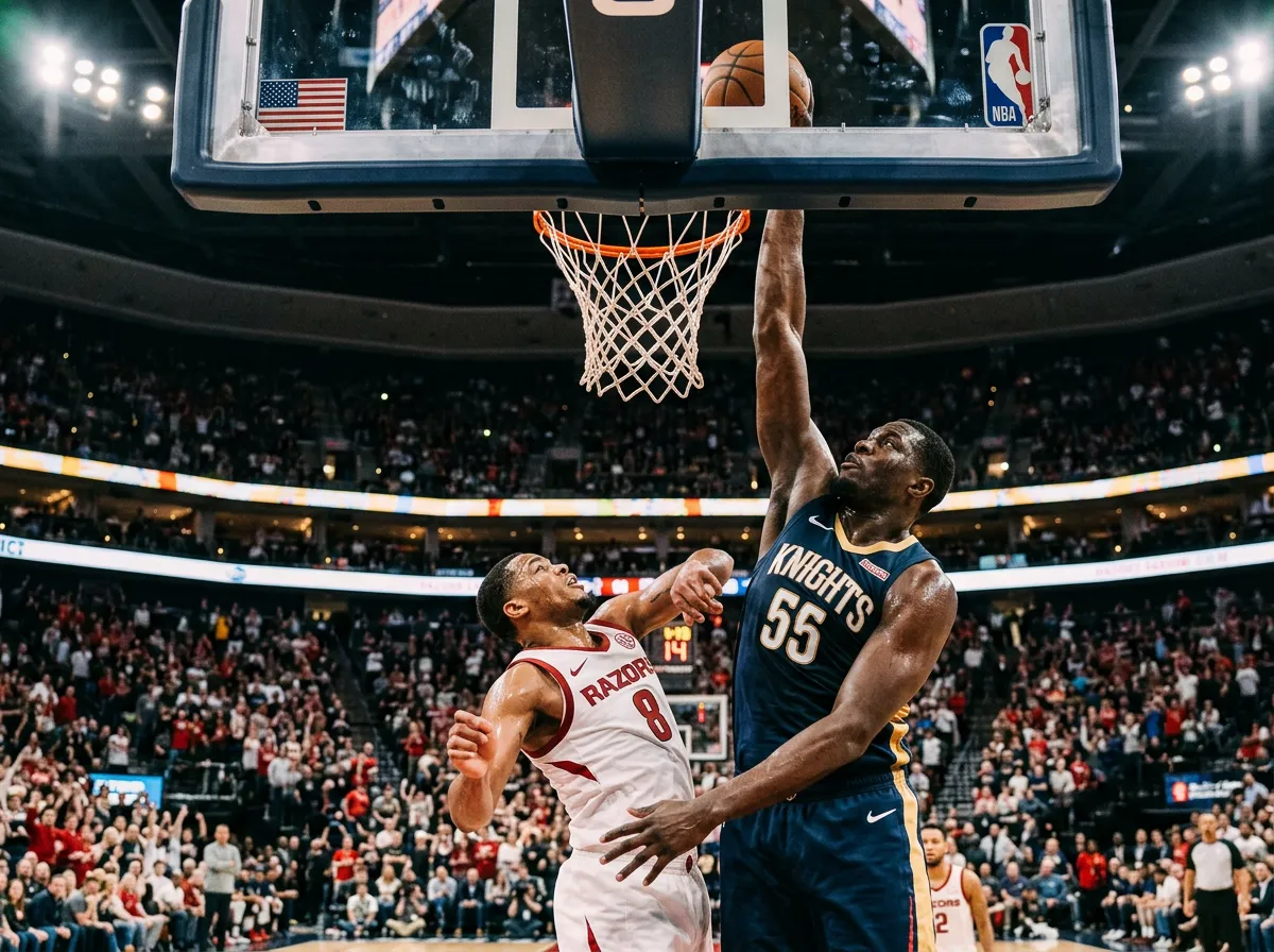 A towering center contesting a shot at the rim with his enormous wingspan