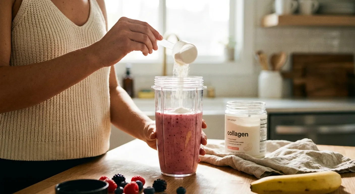 Woman adding collagen powder to morning smoothie in modern kitchen