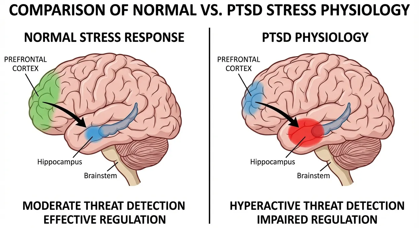 Diagram showing the stuck stress response in PTSD with hyperactive amygdala and suppressed prefrontal cortex