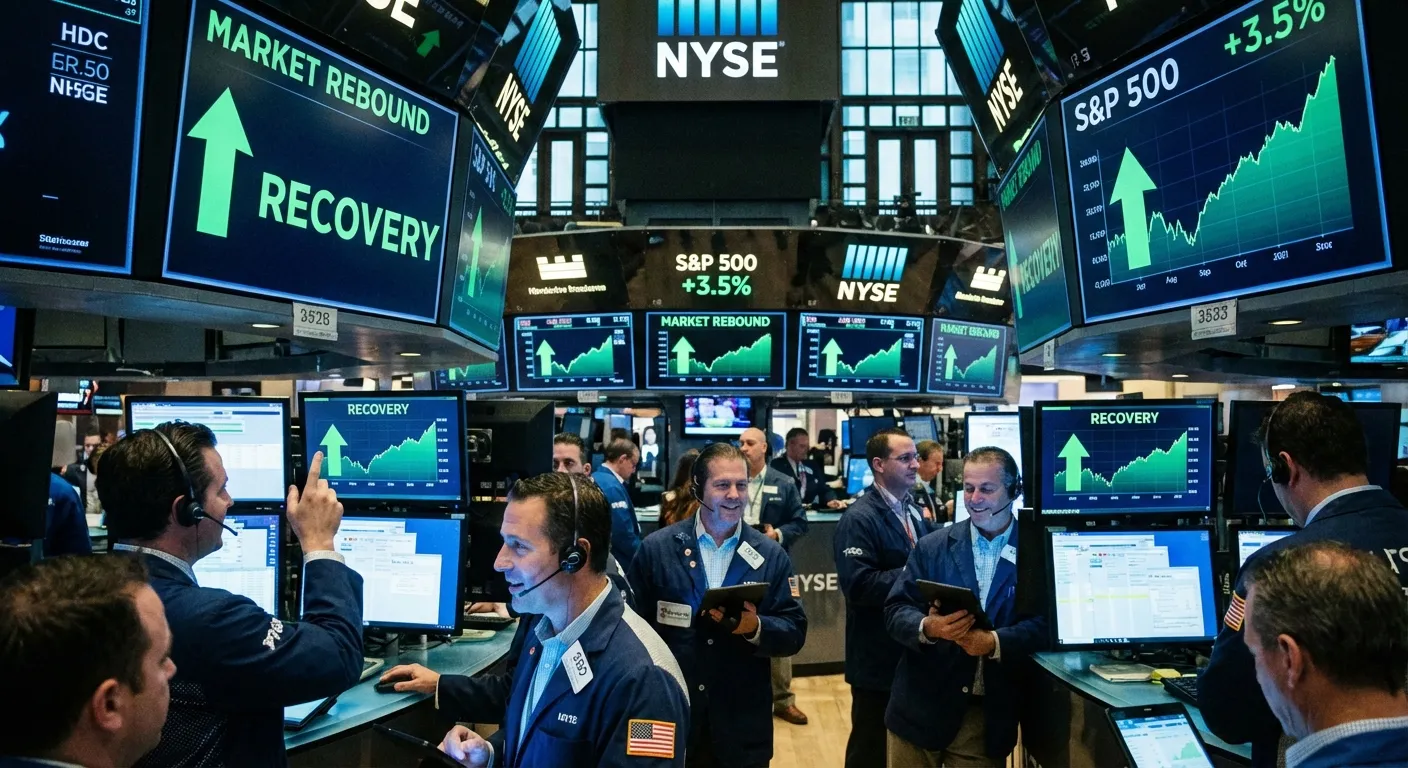 Stock market trading screens showing green upward arrows and recovery