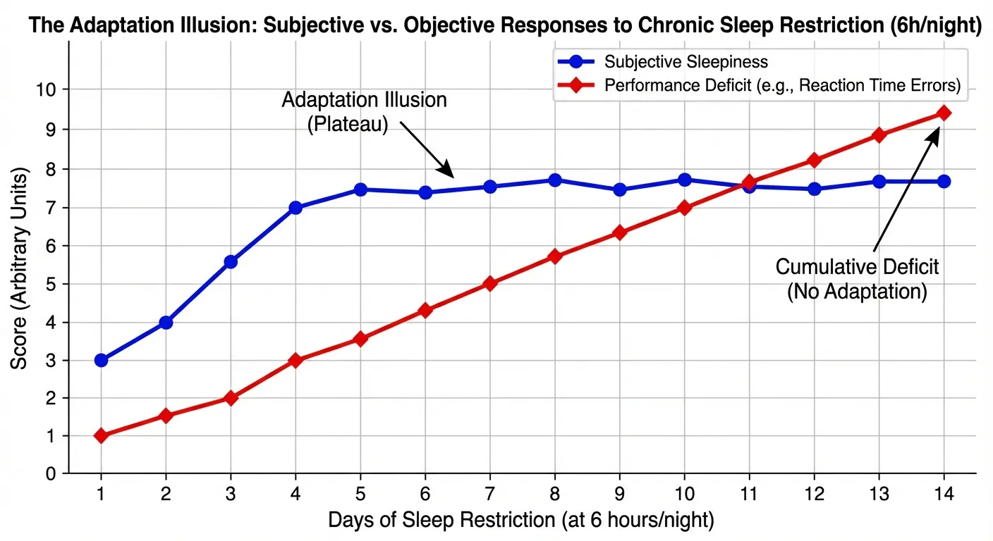 Graph showing how subjective sleepiness plateaus while objective cognitive performance continues declining