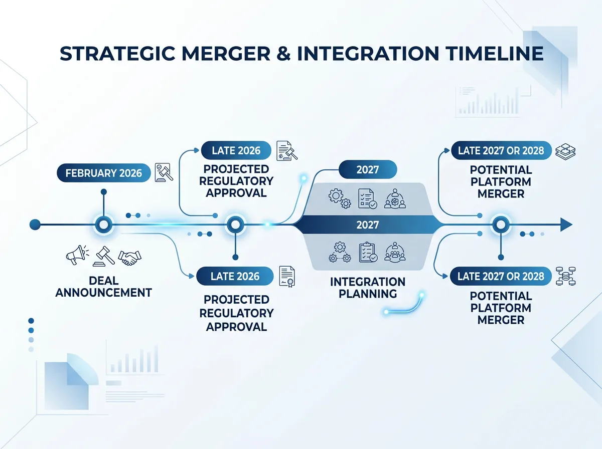 A timeline infographic showing major streaming merger milestones and dates