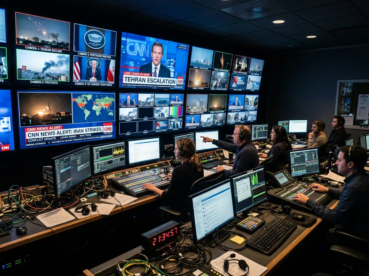 A television news control room with multiple monitors showing war coverage