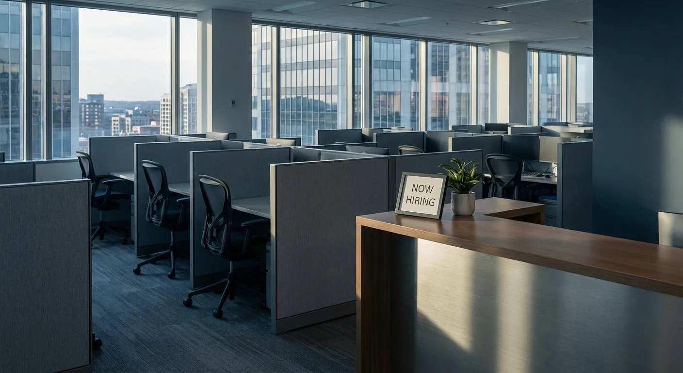 Empty office cubicles with 'Now Hiring' sign in foreground showing hiring slowdown