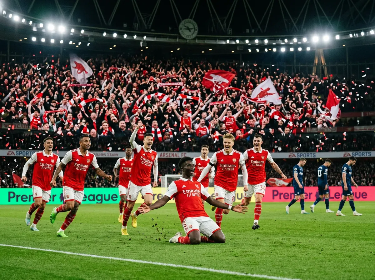Arsenal players celebrating a goal in a packed stadium during a Premier League match