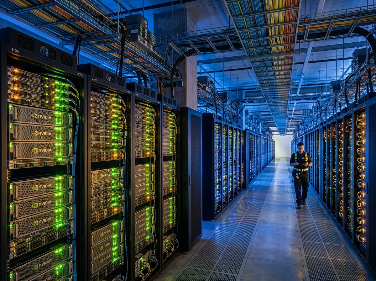 Server racks filled with NVIDIA GPUs inside a hyperscale AI data center