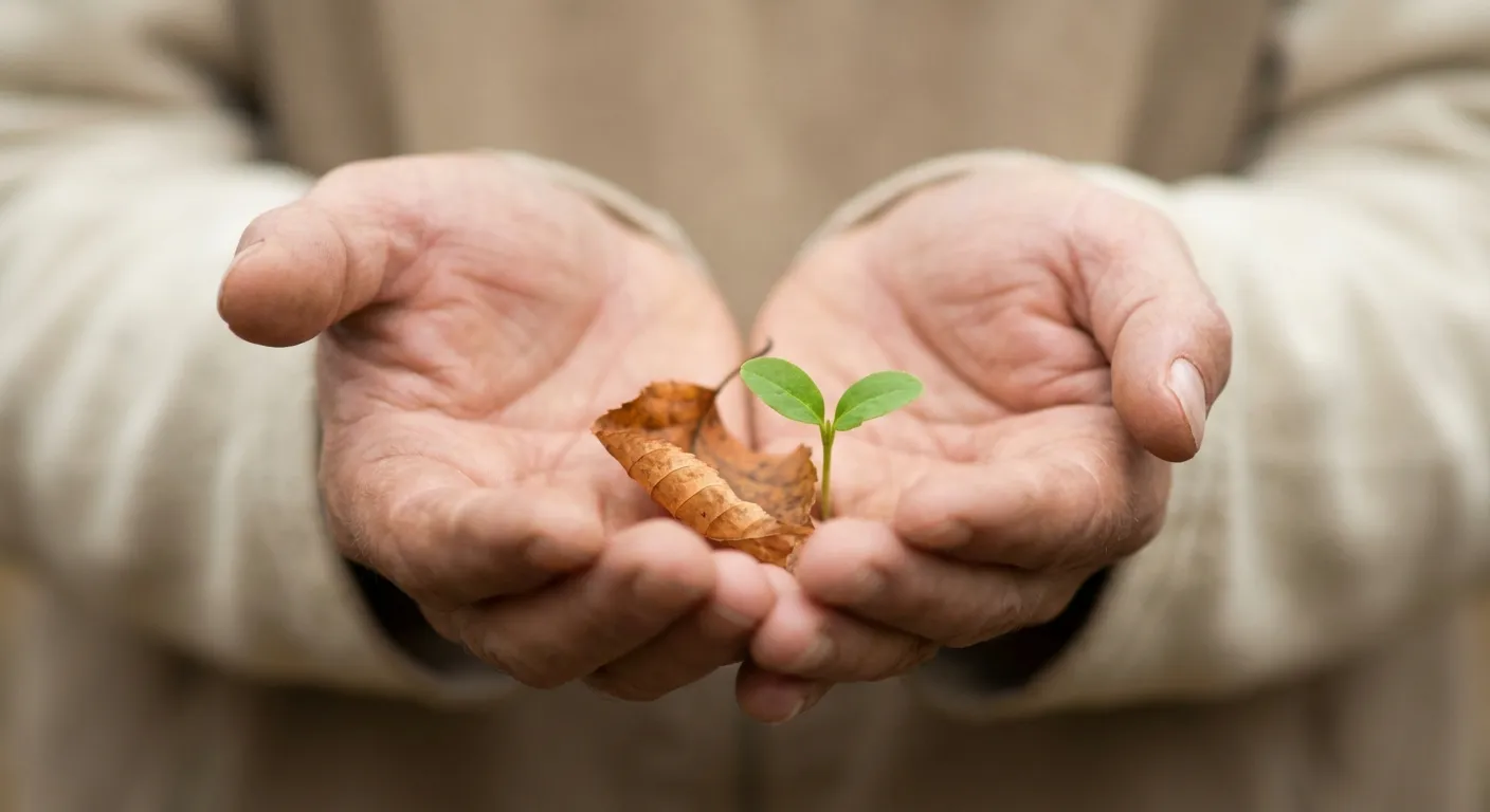 Two hands cupped together holding both a dried leaf and a green sprout