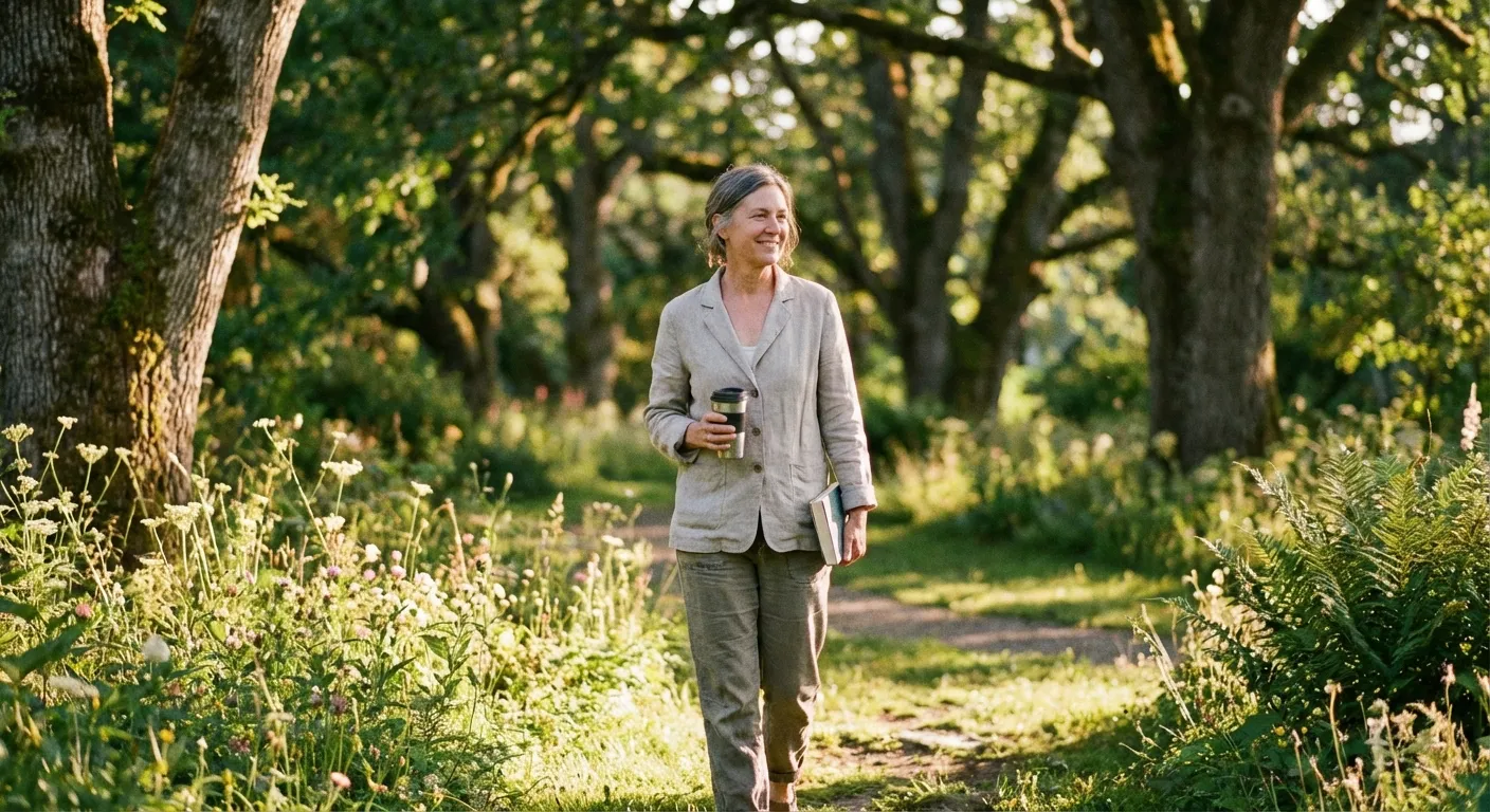 Person walking in a park with visible sense of calm and wellbeing