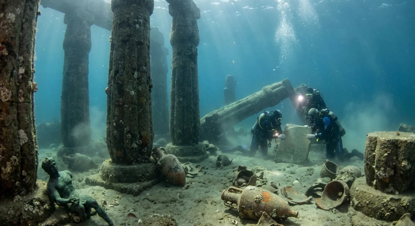 Underwater archaeological site with ancient columns and amphora near Egyptian coast
