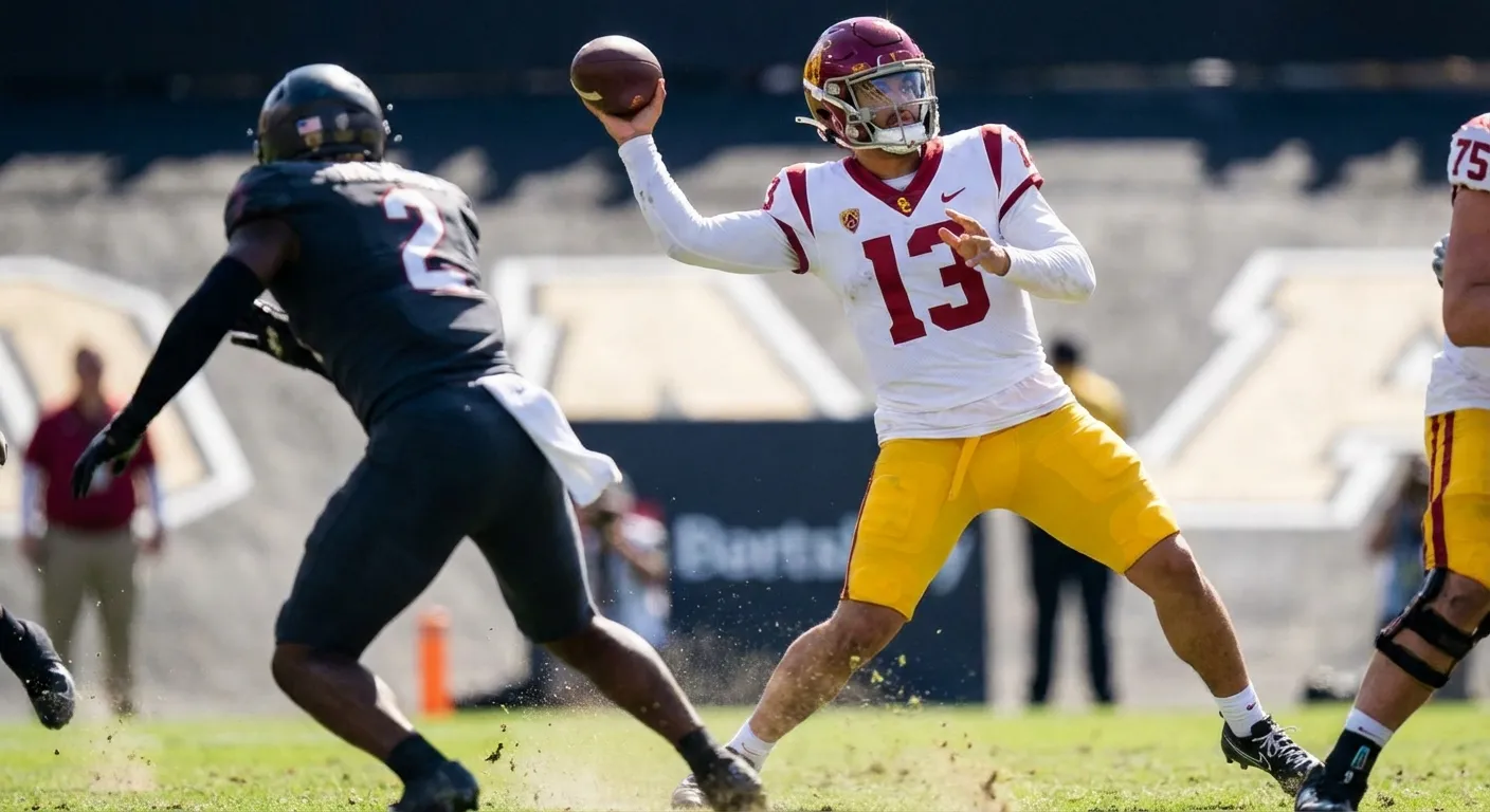 Caleb Williams throwing a pass under pressure during a crucial game