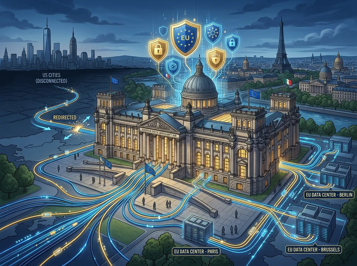 A European government building with fiber optic cables rerouting away from a transatlantic connection