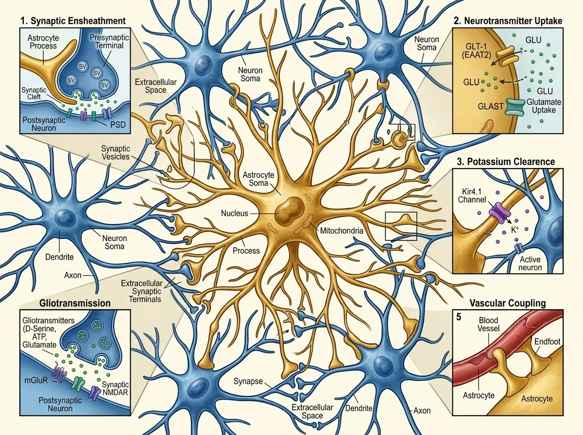 Split illustration showing an astrocyte cell connecting to multiple neurons in a neural network