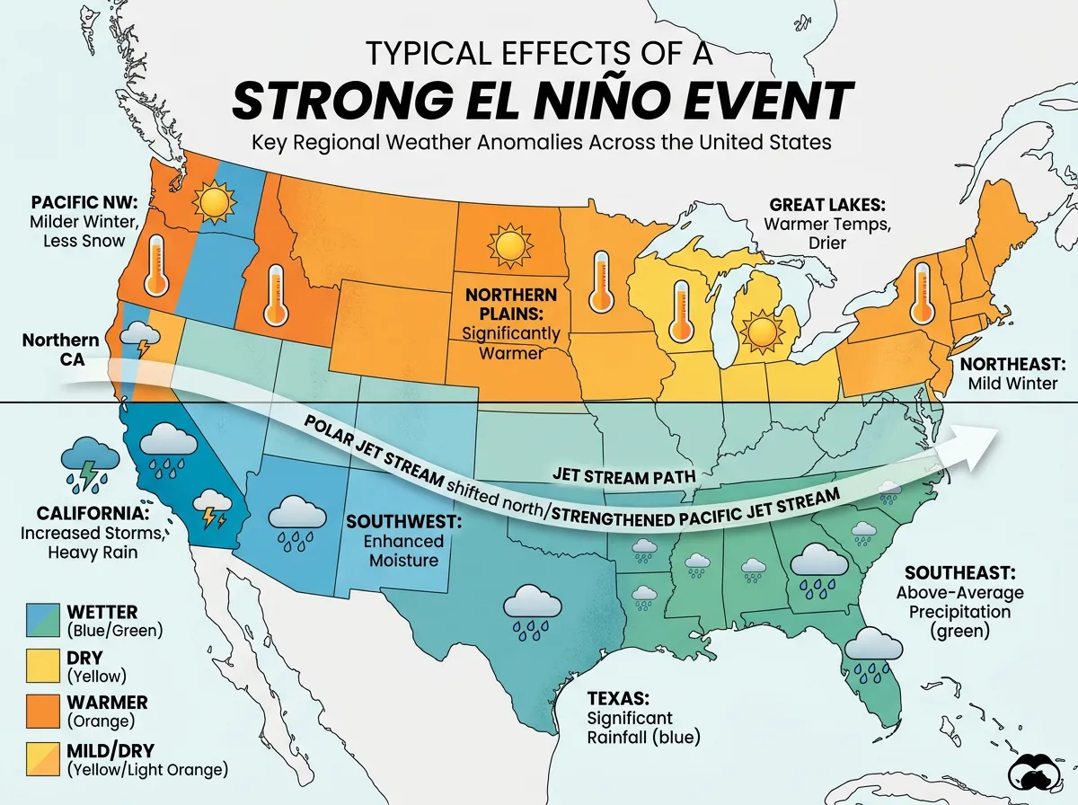 Split map of the United States showing regional El Nino weather effects
