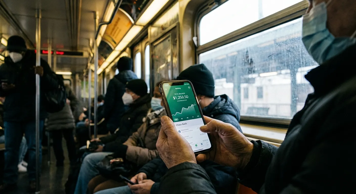 Person using a smartphone in a crowded subway with privacy display activated