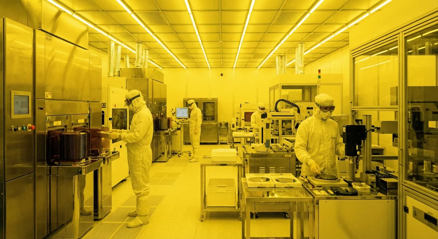 Workers in cleanroom suits manufacturing memory chips in a semiconductor fabrication facility