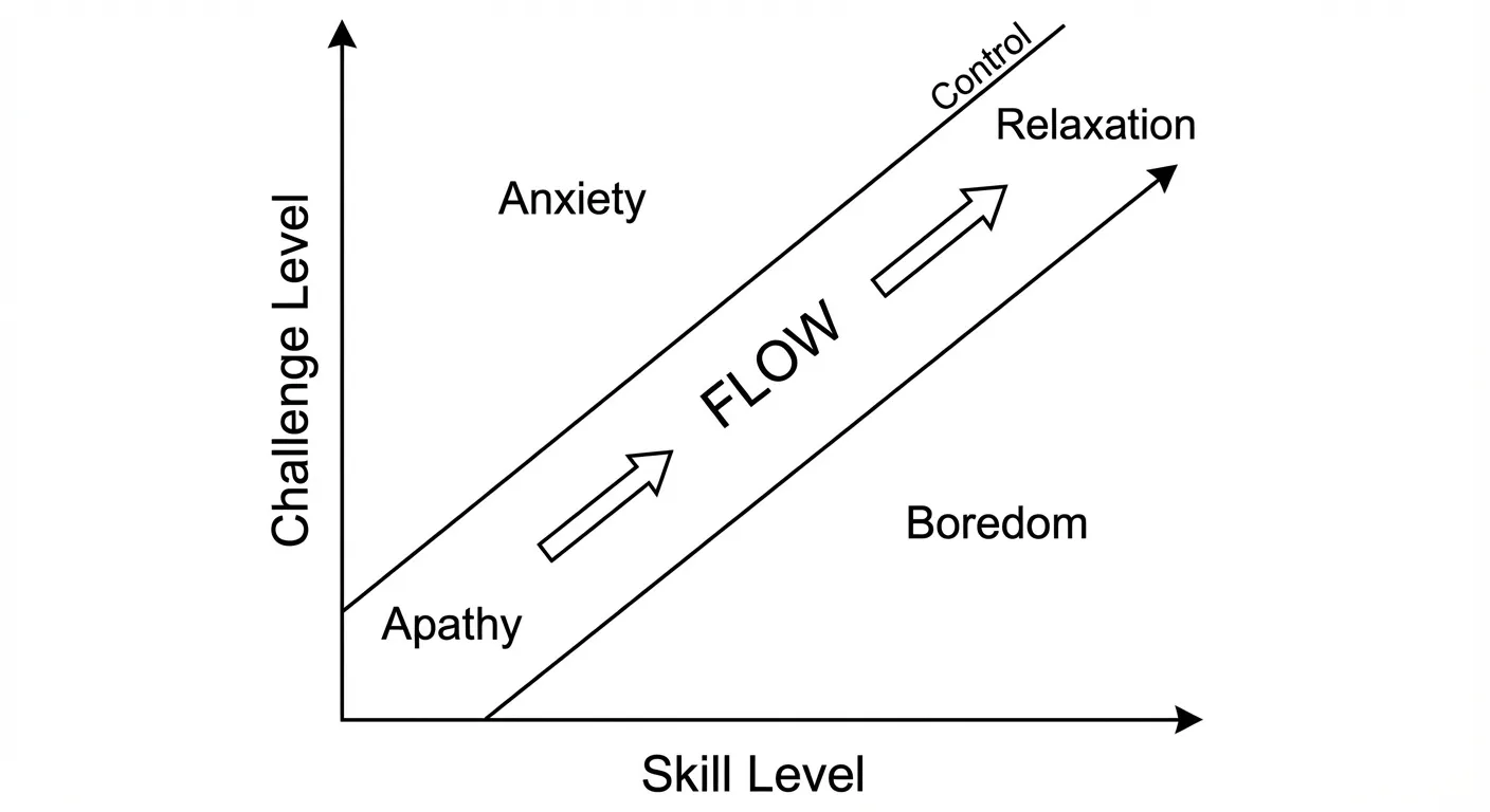 Diagram showing the flow channel between anxiety and boredom based on skill and challenge