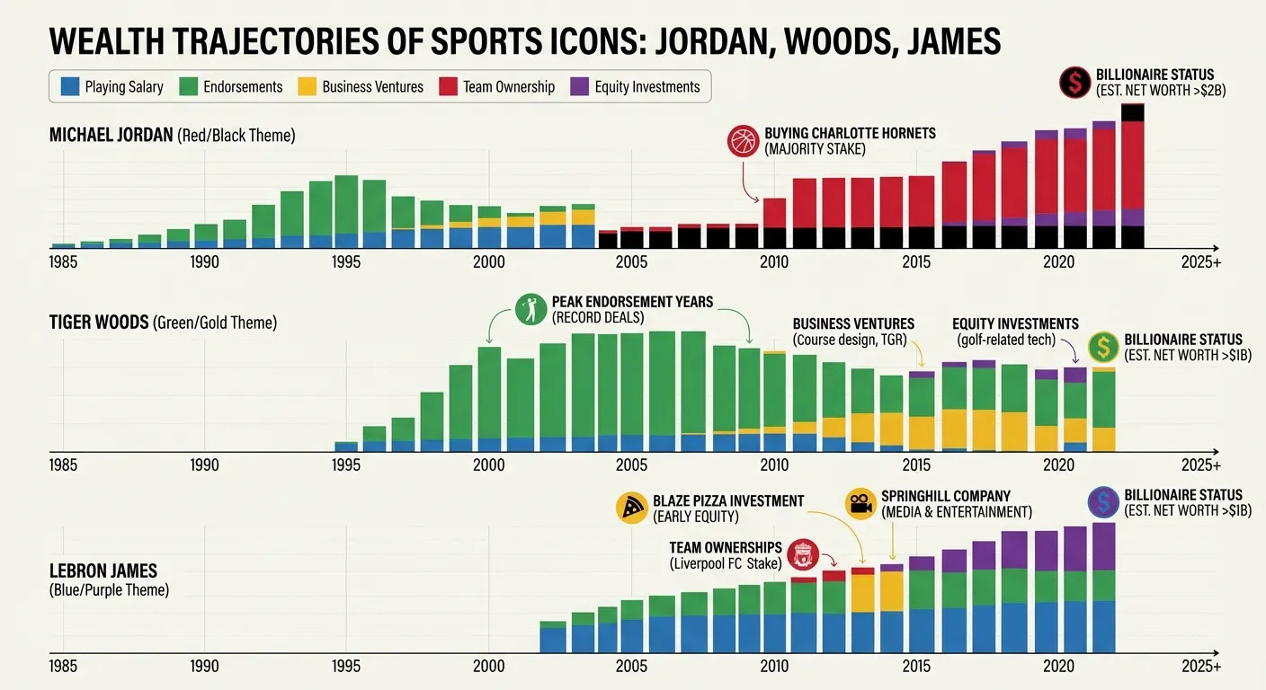 Infographic comparing wealth accumulation of Jordan, Tiger, and LeBron over career timelines