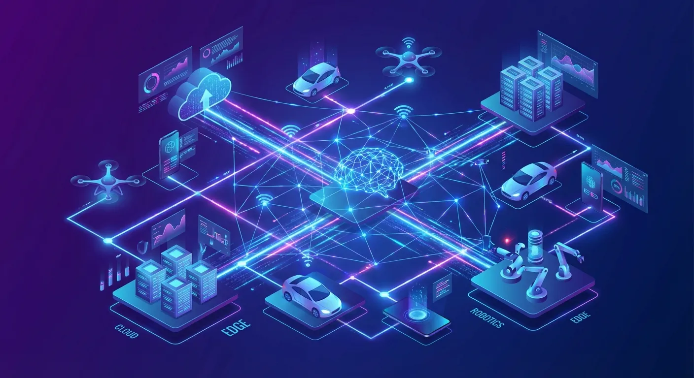 Abstract visualization of AI agents connecting multiple digital systems