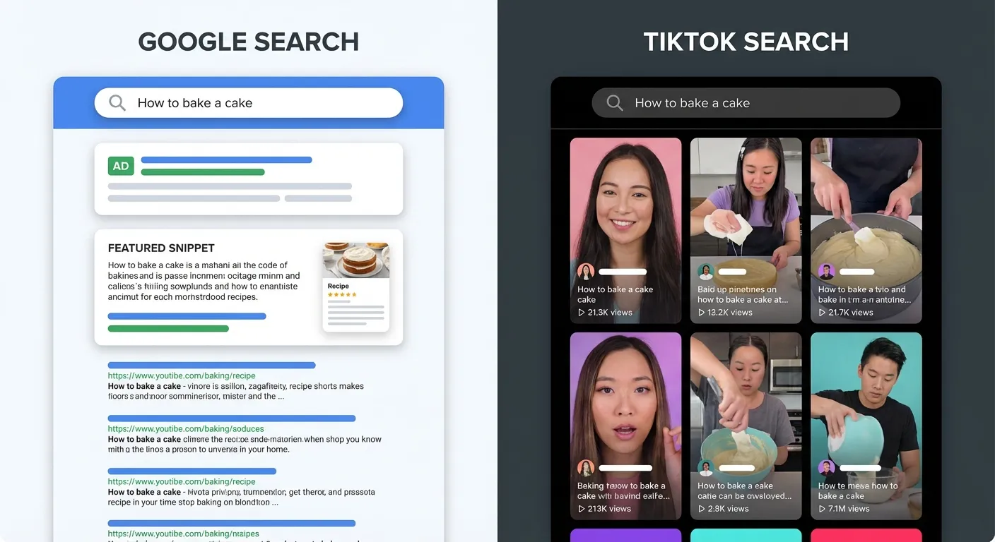 Side-by-side comparison of Google search results versus TikTok video results