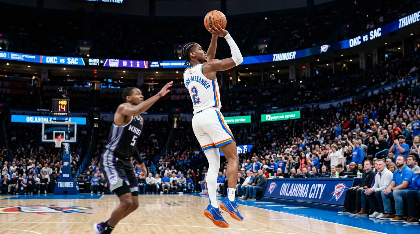 Shai Gilgeous-Alexander shooting a mid-range jumper in his Thunder uniform under arena lights