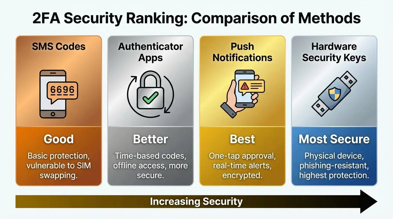 Comparison chart of two-factor authentication methods by security level