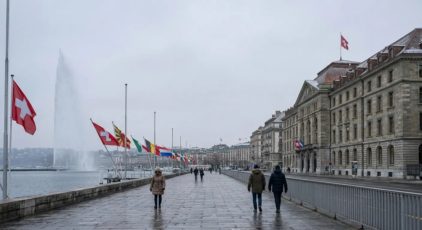 Swiss flag and European buildings along a lakefront in Geneva