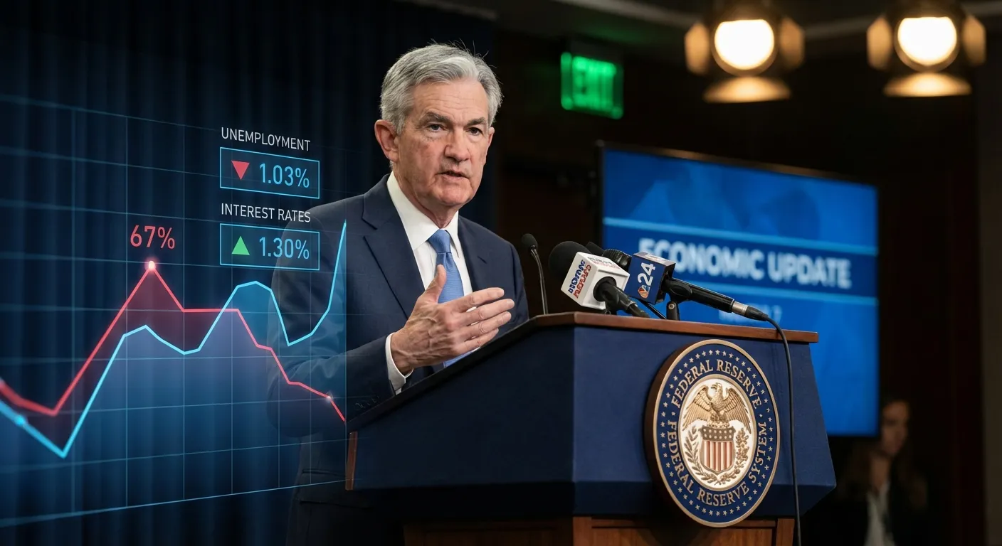 Jerome Powell at Federal Reserve podium with unemployment and rate graphics overlay