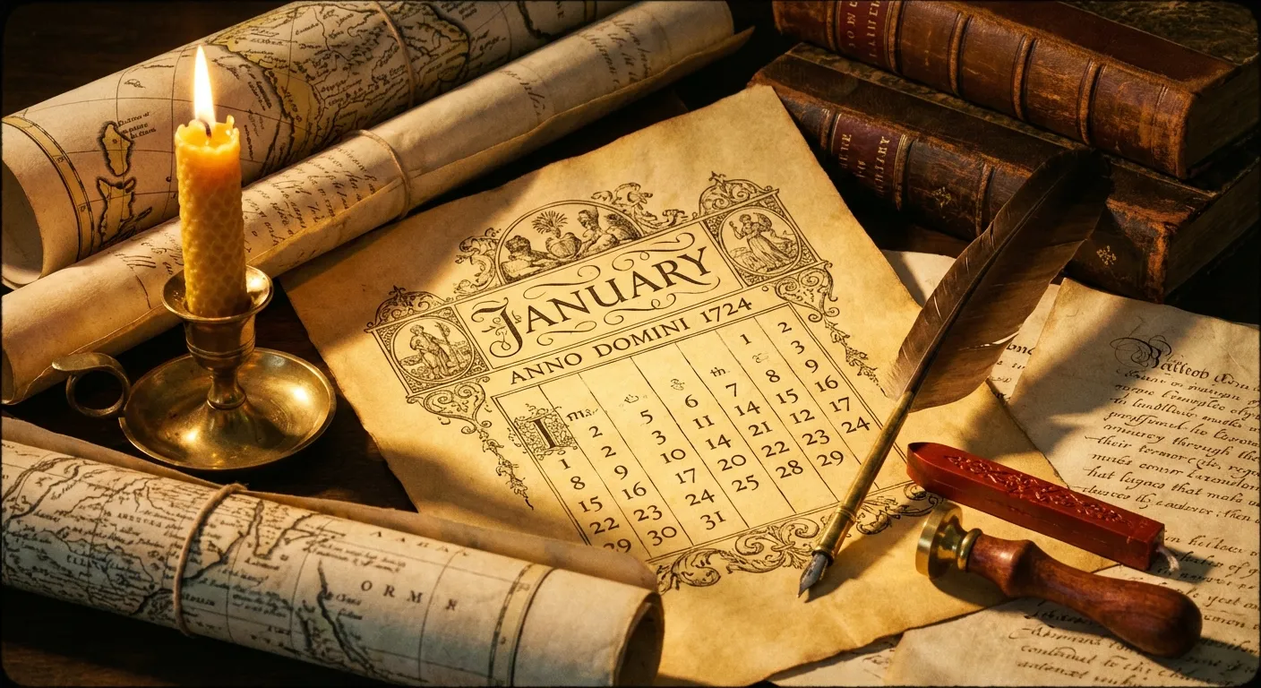 Vintage calendar page showing January with historical documents and artifacts in background