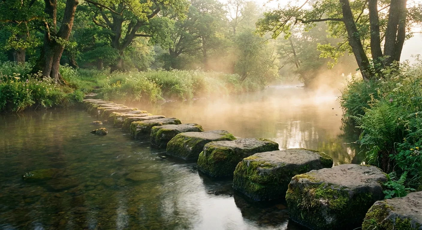 Bridge made of stepping stones crossing a calm river representing gradual career transition