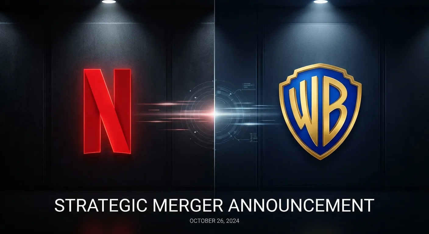 Netflix and Warner Bros logos merged in corporate deal visualization