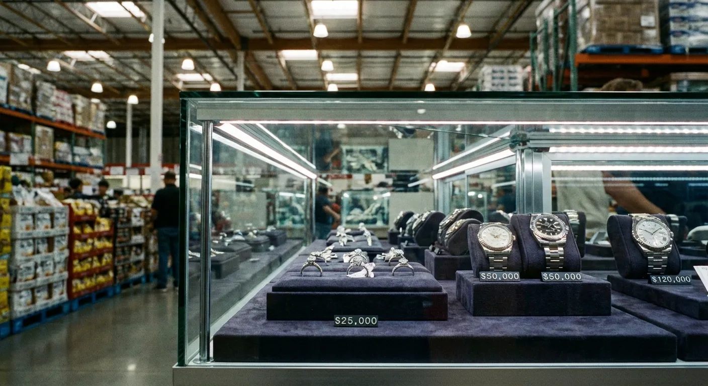Premium diamond jewelry display case inside a Costco warehouse