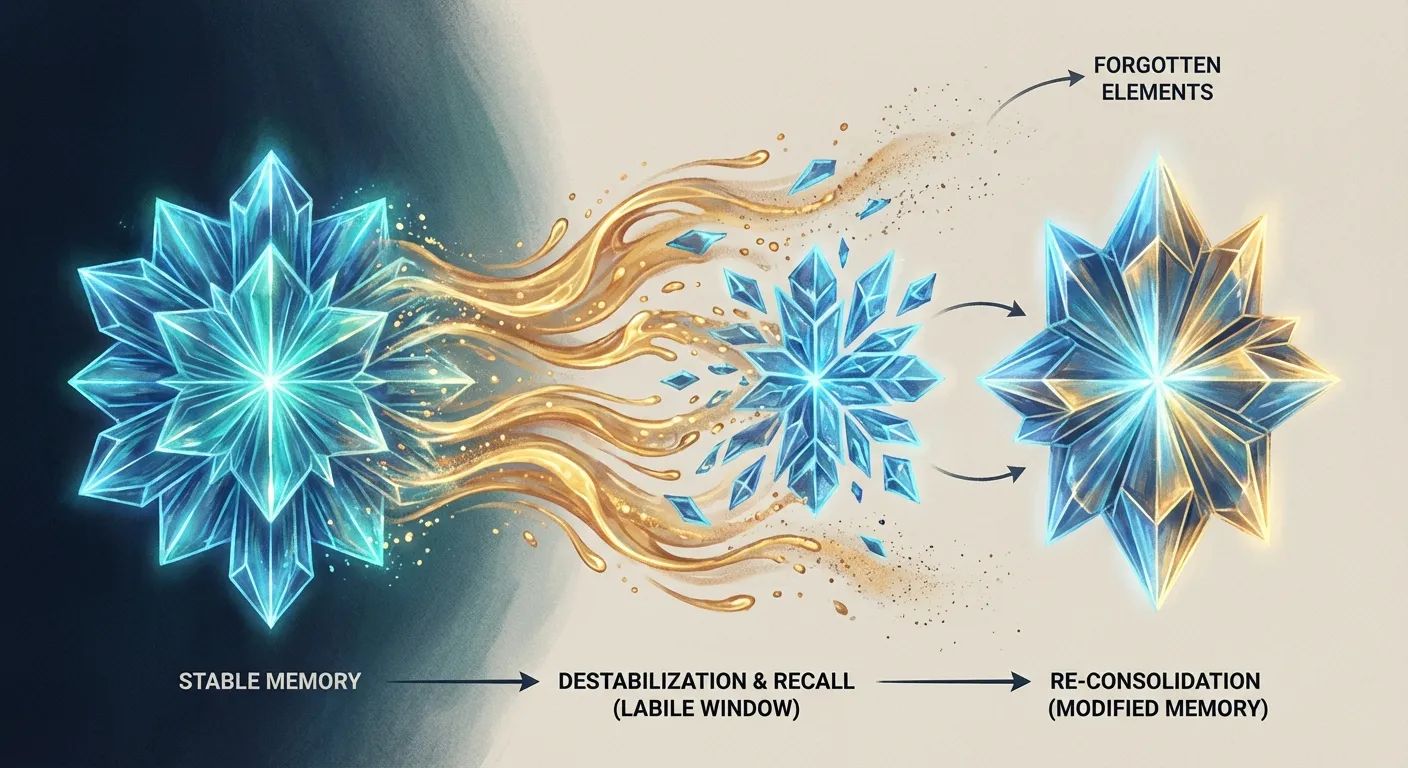 Memory reconsolidation process showing a memory trace becoming unstable during recall