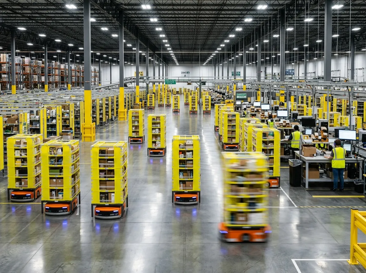 Orange warehouse robots moving pallets across a concrete fulfillment center floor