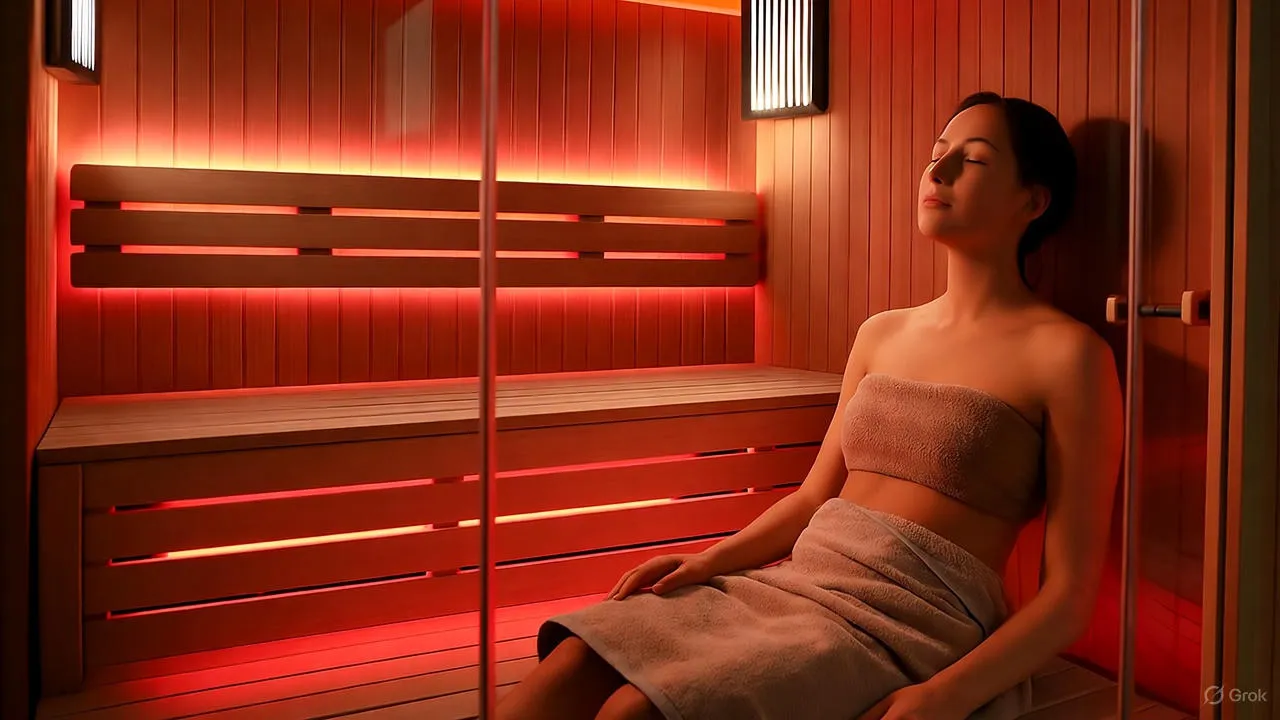 Person relaxing in a modern wooden infrared sauna with glowing heat panels