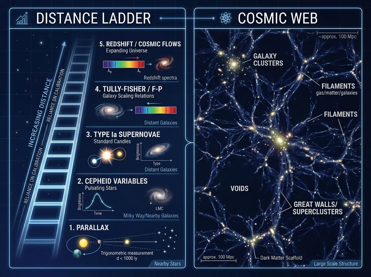Two-panel comparison of the cosmic distance ladder method versus the cosmic microwave background method