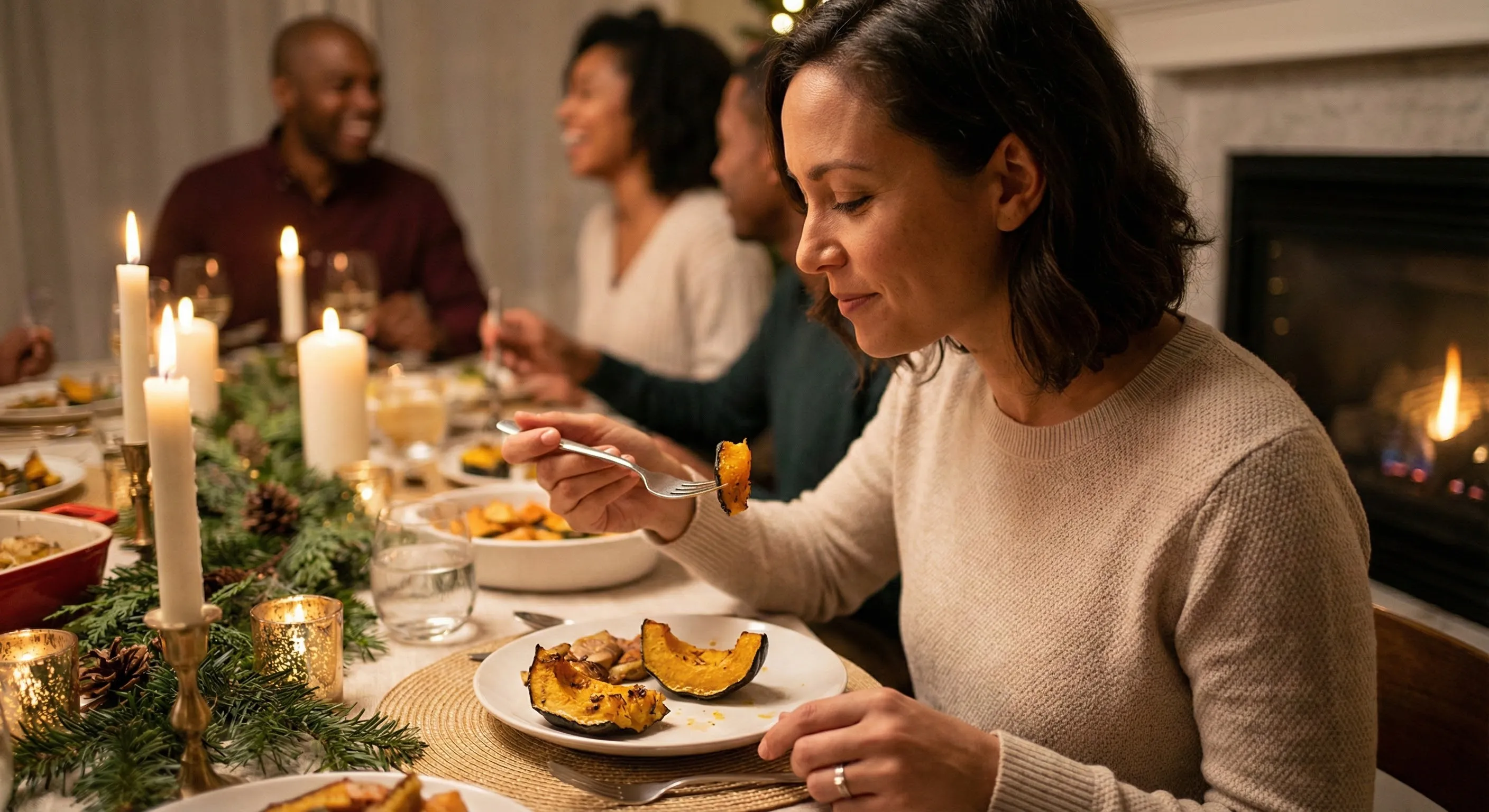Person pausing thoughtfully while eating at a holiday table