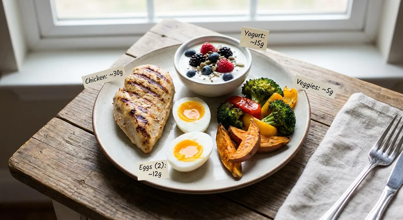 High-protein meal with grilled chicken, eggs, Greek yogurt, and vegetables on a plate